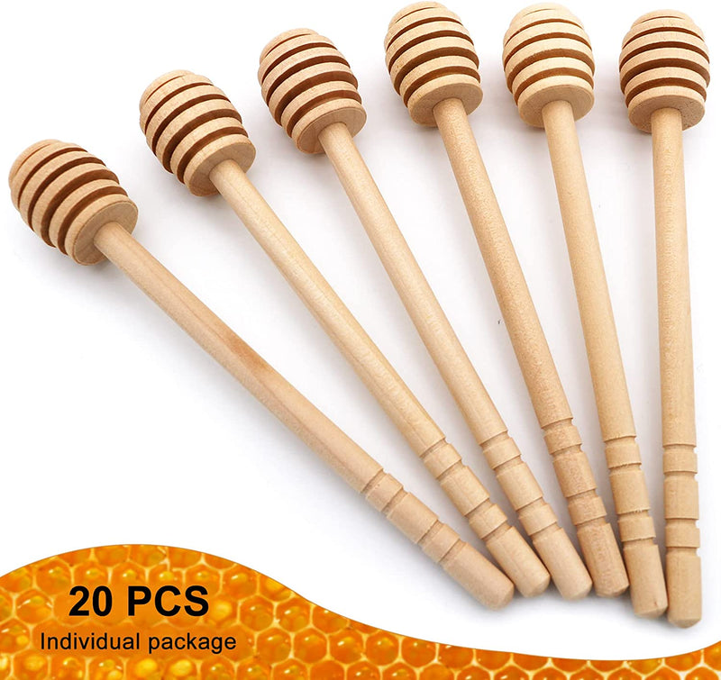 BLUE TOP 20PCS Wooden Honey Dipper Stick 6 Inch Individually Wrapped Honey Stirrer Stick,Honeycomb Sticks,Honey Wand for Honey Jar Dispense Drizzle Honey and Wedding Party Favors Gift.
