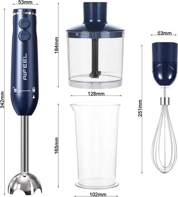 Aifeel Immersion Hand Blender, Set with 500ML Food Processor, Ice Crusher. 600ML Measuring Cup, SUS blending attachment and Wire Whisk - Blue