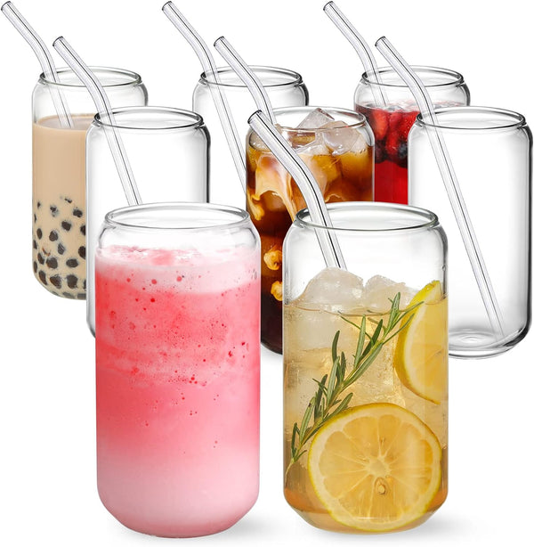 NETANY [ 8pcs Set ] Drinking Glasses with Glass Straw - 16oz Can Shaped Glass Cups, Beer & Iced Coffee Glasses, Cute Tumbler Cup, Ideal for Whiskey, Soda, Tea, Water, Gift - 2 Cleaning Brushes
