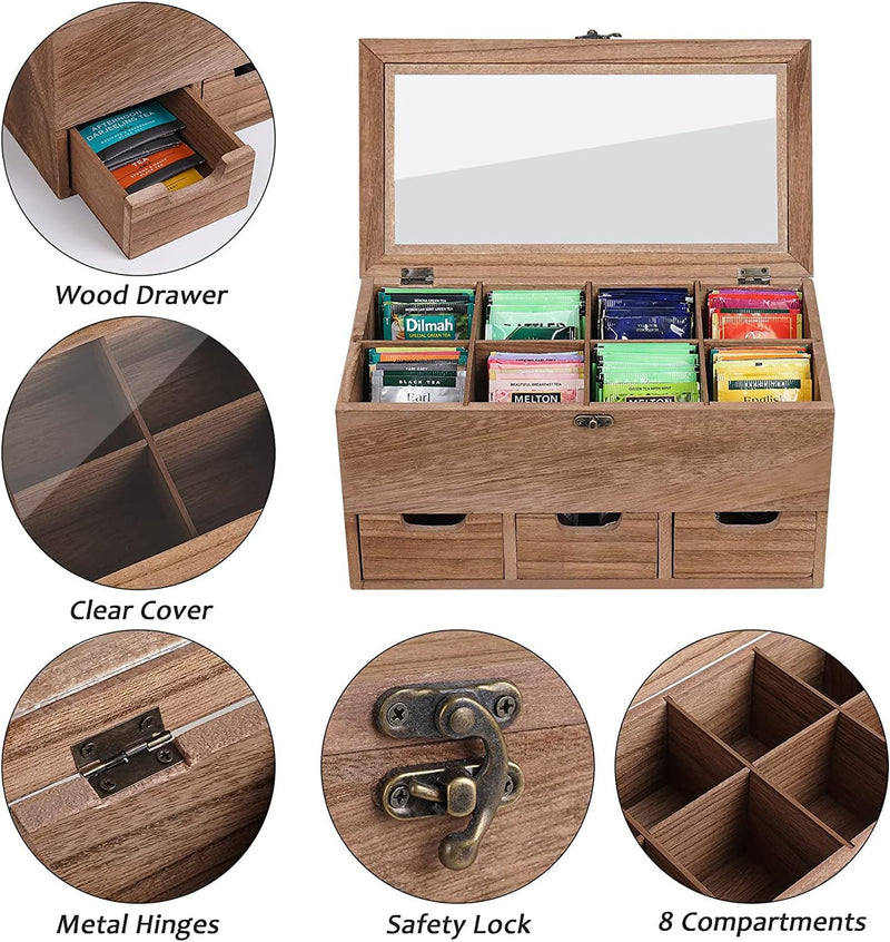 WPKLTMZ Wooden Tea Box, Tea Bag Organizer Tea Storage with 8 Compartments, Rustic Tea Bag Holder with 3 Drawers for Tea Bags, Packets, Coffee, Sugar, Sweeteners, Creamers