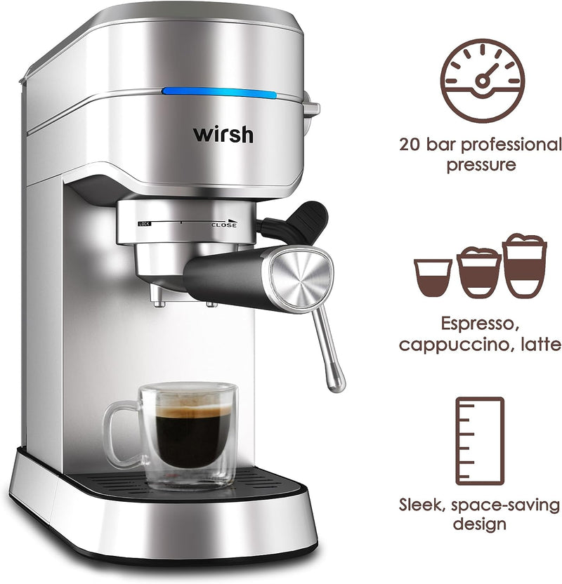 wirsh Espresso Machine,Espresso Maker with Commercial Steamer for Latte and Cappuccino,Expresso Coffee Machine with 42 oz Removable Water Tank,Stainless Steel (Home Barista)