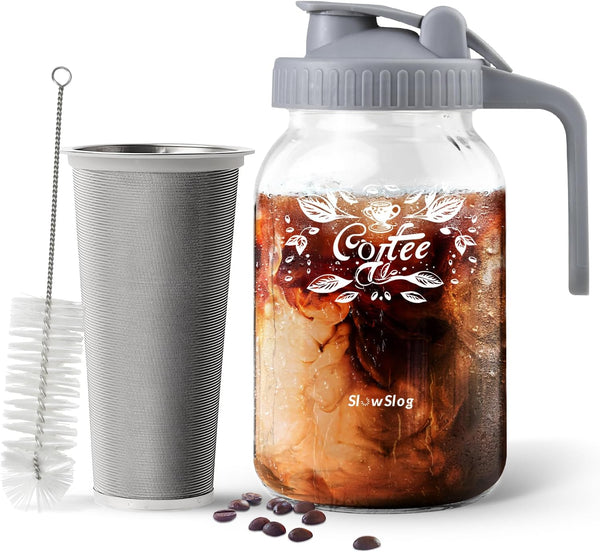 Slow Slog Cold Brew Coffee Maker, 32oz Cold Brew Mason Jar Pitcher with Lid, Iced Coffee Maker, Durable Glass Cold Brew Pitcher with Stainless Steel Filter for Iced Tea, Sun Tea, Lemonade, Leak Proof