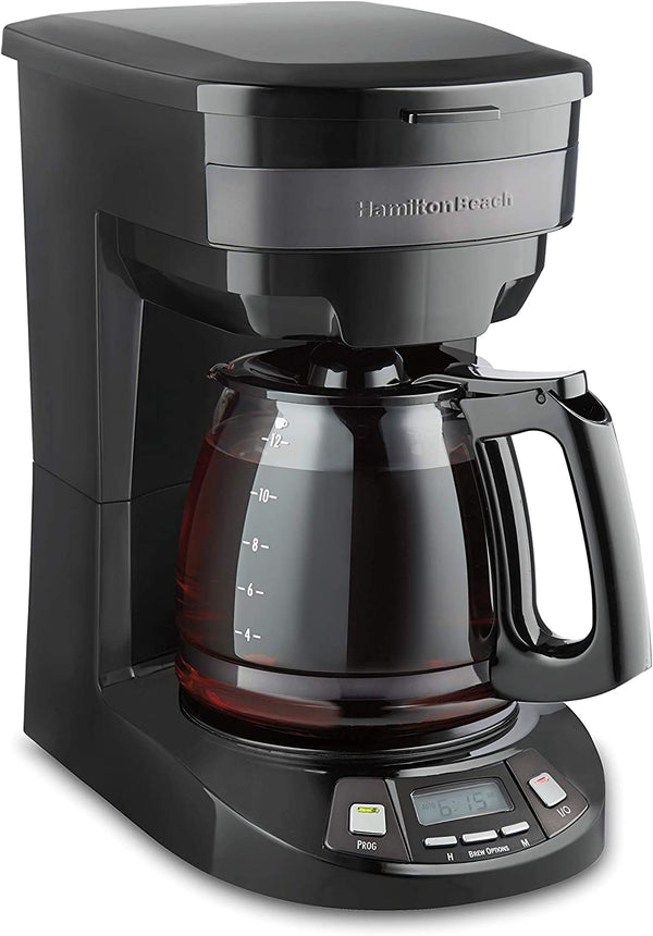 Hamilton Beach 12 Cup Programmable Drip Coffee Maker with 3 Brew Options, Glass Carafe, Auto Pause and Pour, Black Stainless (46293)