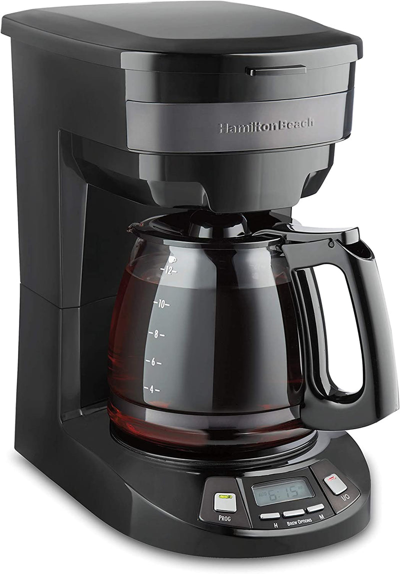 Hamilton Beach 12 Cup Programmable Drip Coffee Maker with 3 Brew Options, Glass Carafe, Auto Pause and Pour, Black with Stainless Accents (46299)