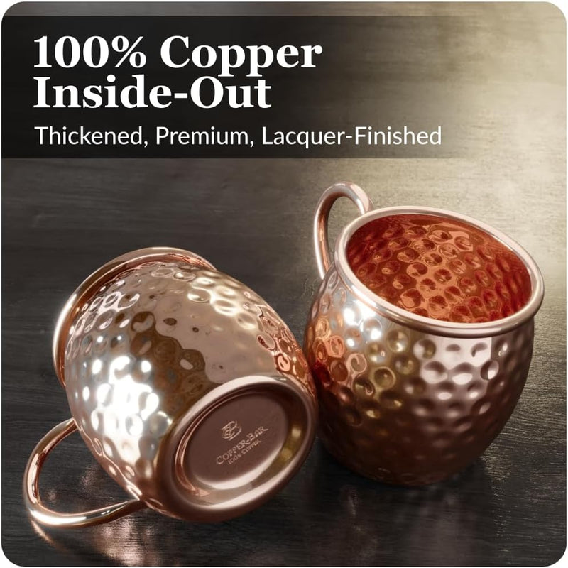 copper-bar Moscow Mule Copper Mugs | Set of 2 Hammered Cups | 100% HANDCRAFTED Pure Solid Copper | Gift Set With Cocktail Straws | Shot Glass | Coasters | Copper Stirrer & Beer opener