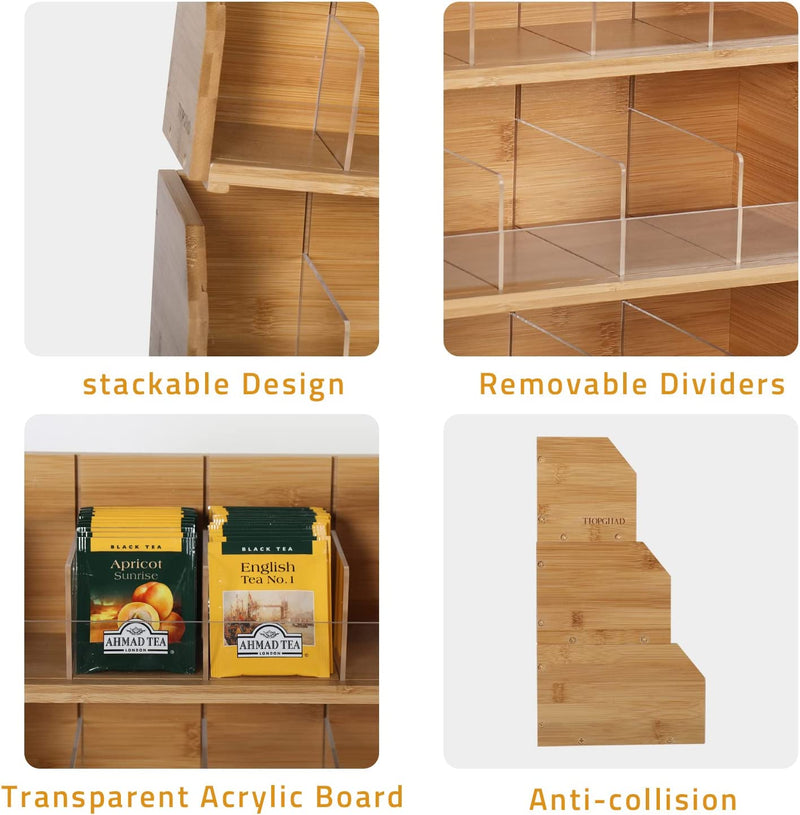 Bamboo Tea Bag Organizer Storage Holder for Tea Bags Stackable Wooden 3 Layer Tea Caddy Box Containers Tea Packet Rack Teabag Shelf Tea Station Stand for Cabinet Countertop Office(Patented Design)