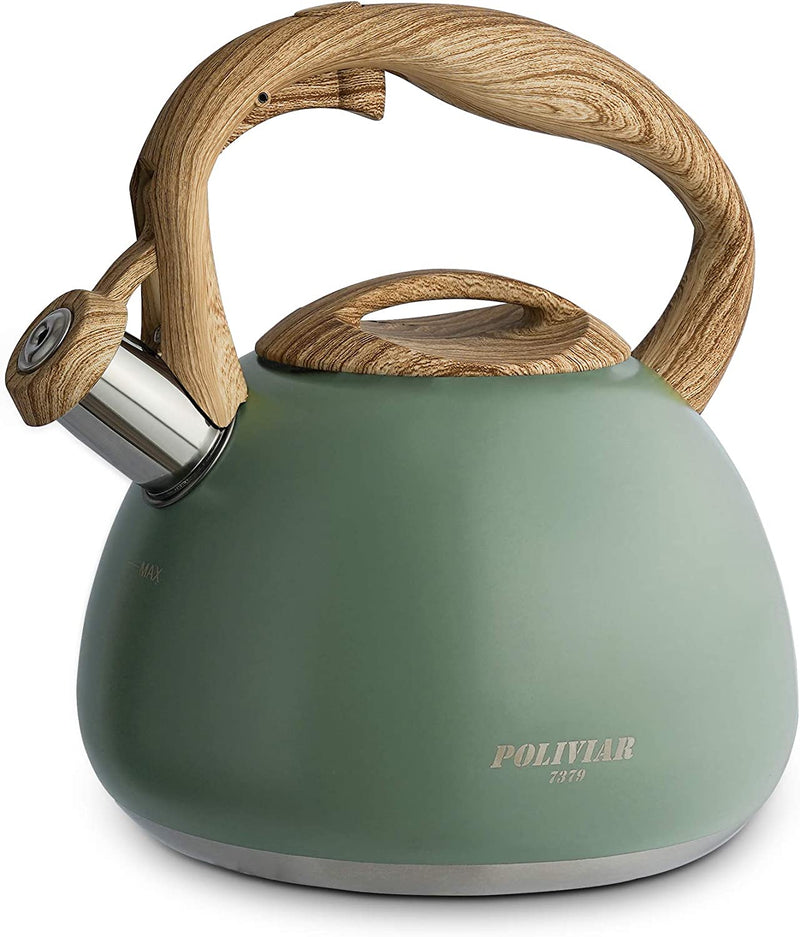 POLIVIAR Tea Kettle, 2.7 Quart Natural Stone Finish with Wood Pattern Handle Loud Whistle Food Grade Stainless Steel Teapot, Anti-Hot Handle and Anti-Rust, Suitable for All Heat Sources (JX2018-GR20)