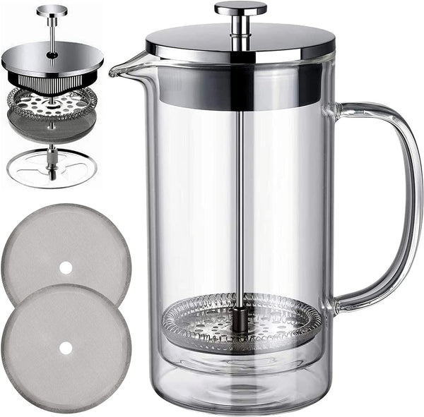 Unnki French Press Coffee Maker,304 Stainless Steel Double Wall Borosilicate Glass Coffee Press,with Multiple Filtration System,2 Extra Filters,600ml 20 Oz Clear