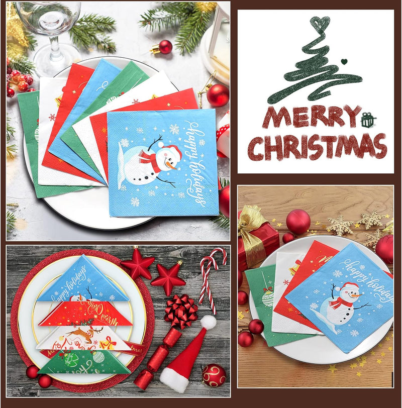 100 Pcs Christmas Napkins Snowman Paper Napkins Merry Christmas Tree Snowflake Cocktail Napkins Xmas Elk Guest Paper Towel for Winter Holiday New Year Family Gathering Party Supplies