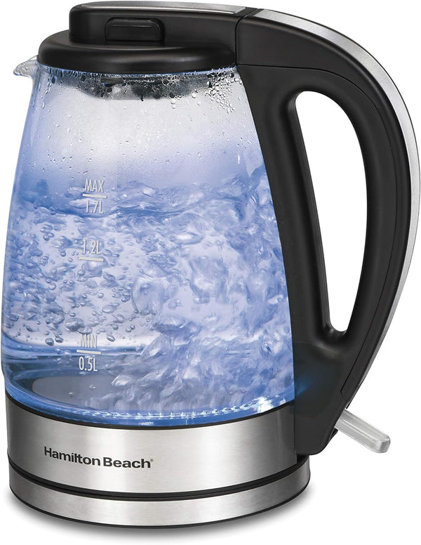 Hamilton Beach 1.7L Electric Tea Kettle, Water Boiler & Heater, Built-In Mesh Filter, Auto-Shutoff & Boil-Dry Protection, Cordless Serving, LED Indicator, Clear Glass (40864)