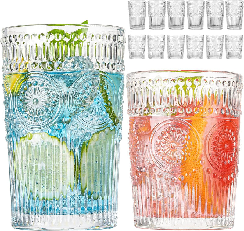 wookgreat Vintage Drinking Glasses Set of 12, Textured Clear Striped Glass Cups-6 Highball Glasses 13oz & 6 Rocks Glasses 10oz, Ribbed Glassware Set, Mojito Cups, Cocktail Glass, Iced Coffee Cup