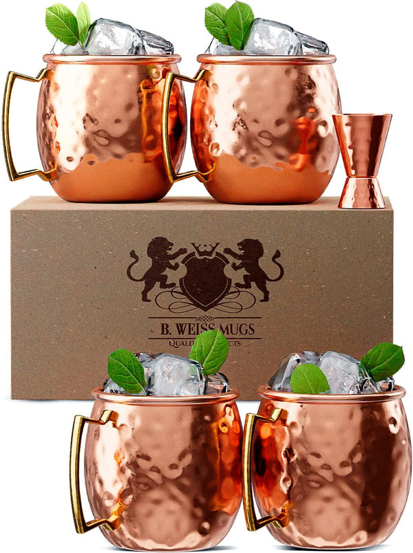 B. WEISS Moscow Mule Copper Mugs, Set Of 4 Brass Handle Copper Cups For Drinking, Each Mug is Handcrafted - Food Safe (Copper Plated Stainless Steel) (Set of 4)