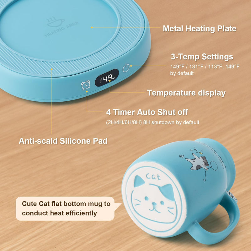 Bsigo Coffee Mug Warmer & Cute Cat Mug Set, Candle Mug Warmer for Home & Office, Electric Smart Coffee Warmer for Desk, Beverage Tea Coffee Cup Warmer with 3-Temp Settings, 8H Auto Shut Off, Blue