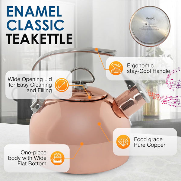 Chantal Classic Teakettle, 1.8 QT, Food Grade Pure Copper, 2-Tone Harmonica Whistle, Rapid Boil and Even Heating (Copper)