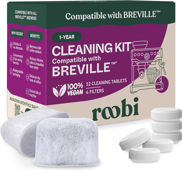 Roobi Breville Espresso Machine Cleaning & Maintenance Kit. Includes 52 Breville Cleaning Tablets and 6 Water Filters. Carbon Neutral. 1 Year Supply.