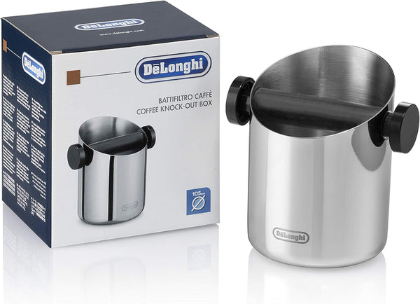 De'Longhi Knock Box for Coffee & Espresso Grounds, Easy & Mess-Free Disposal of Coffee Puck, Removable Bar and Non-Slip Base, Dishwasher Safe, Stainless Steel, 4-inch diameter,Silver