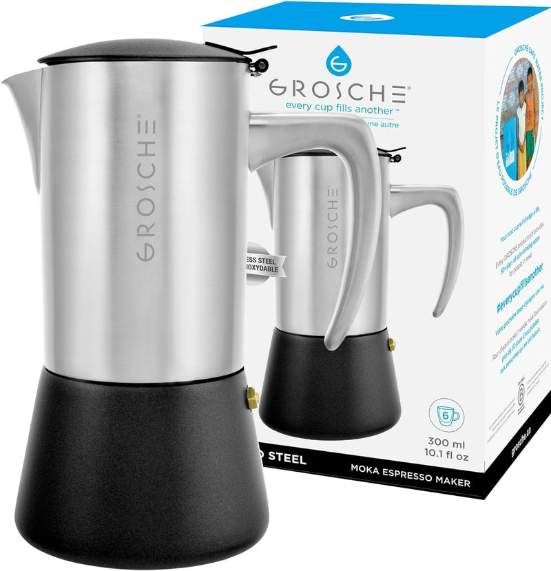 GROSCHE Milano Steel | 10 Espresso Cup | Stovetop Espresso Maker: Stainless Steel Moka Pot for Greca, Induction, Electric & Gas Stoves | Dishwasher Safe Stovetop Espresso Maker Moka Pot