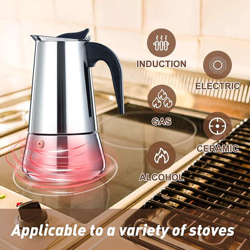 Simyolife Stovetop Maker Stainless Steel Italian Coffee Maker Moka Pot Induction-Capable Mok Coffee Machine Cafe Percolator Maker, Silver (6-Cups, 10oz/300ML)-Mother's Day Gifts