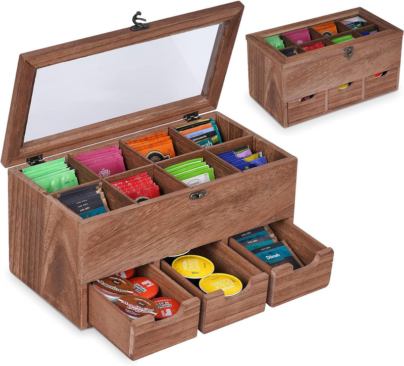 WPKLTMZ Wooden Tea Box, Tea Bag Organizer Tea Storage with 8 Compartments, Rustic Tea Bag Holder with 3 Drawers for Tea Bags, Packets, Coffee, Sugar, Sweeteners, Creamers