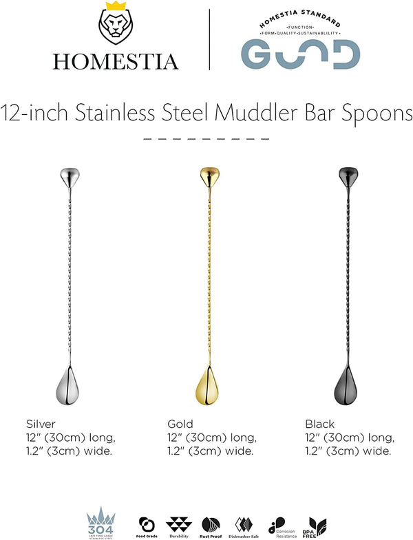 Homestia Bar Spoon with Muddler, Stainless Steel Cocktail Mixing Spoon Drink Stirrer, 12" Muddler Spoons Cocktail Stirrers for Drinks, Long Handled Stirring Spoon with Droplet-Shaped Muddler