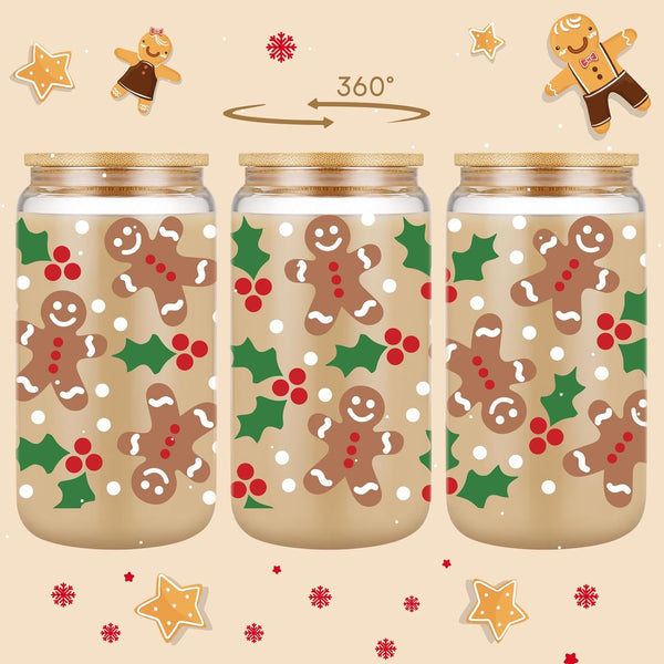 Coolife Holly Gingerbread Man Christmas Decorations, Gifts for Women Men Kids - 16 oz Glass Cup Tumbler w/Straw Lid, Christmassy Preppy Glass Cups w/Lids Straws for Smoothie Iced Coffee Beer