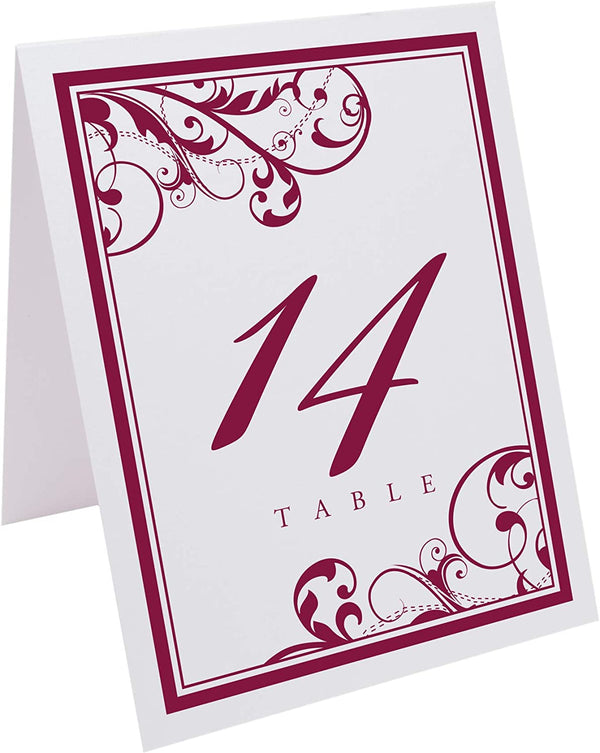 Scribble Vintage Swirl Wedding Table Numbers (Select Color/Quantity), White, Burgundy, 1-10, Double Sided, Tent or Use in a Stand, Great for Parties & Restaurants