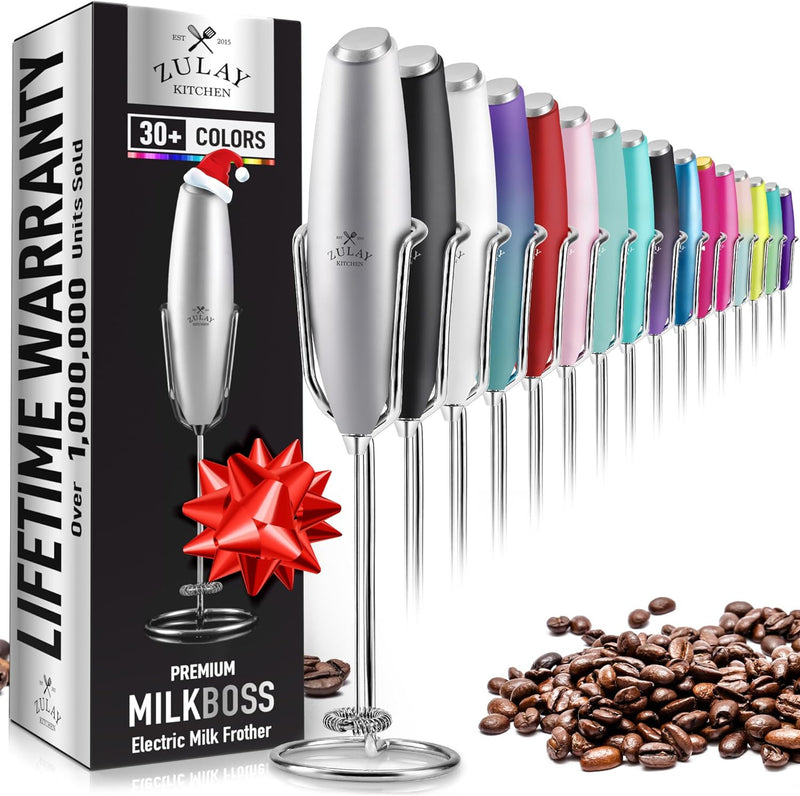 ULTRA HIGH SPEED MILK FROTHER For Coffee With NEW UPGRADED STAND - Powerful, Compact Handheld Mixer with Infinite Uses - Super Instant Electric Foam Maker with Stainless Steel Whisk by Zulay (White)