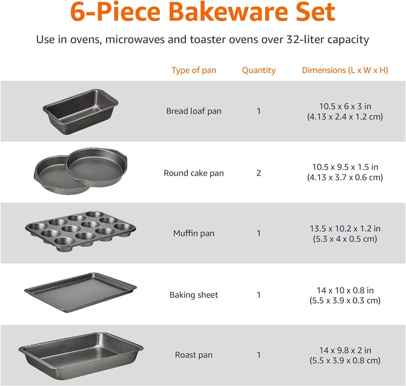 Amazon Basics 6 Piece Nonstick, Carbon Steel Oven Bakeware Baking Set, 40.5 cm x 28.5 cm x 15 cm