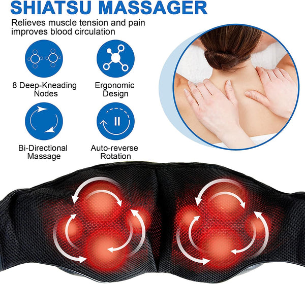 EAshuhe Neck and Shoulder Massager with Heat Shiatsu Back Massage Pillow with 3D Deep Tissue Kneading for Foot, Legs, Body Muscle - Use at Home, Office & Car