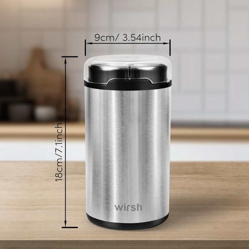 Coffee Grinder, Wirsh Electric Coffee Grinder, Quiet Spice Grinder, Stainless Steel Coffee Mill for Beans,Spices,Herbs with Clean Brush