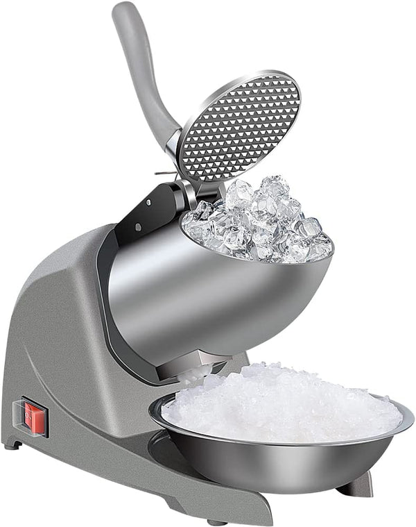 Three Blades Snow Cone Maker Ice Shaver 380W 220lbs/hr Prevent Splash Electric Stainless Steel Shaved Ice Machine Home and Commercial Ice Crushers (Silver)