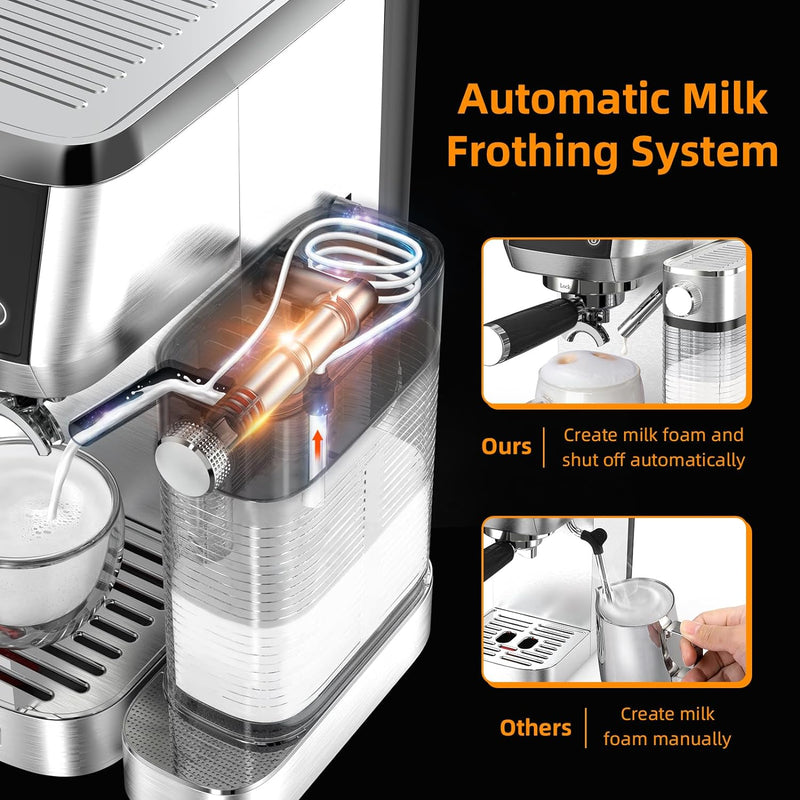 Cappuccino Machine and Espresso Maker, 20 Bar Latte Maker and Espresso Machine for Home with Automatic Milk Frothing System Stainless Steel Style Gifts, Valentines Day Gifts for Him/Her