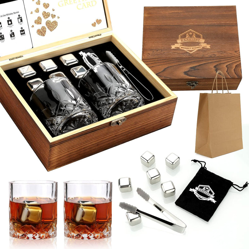 Whiskey Stones Gift Set - Whiskey Glass Set of 2 - Granite Chilling Whiskey Rocks - Scotch Bourbon Box Set - Best Drinking Gifts for Men Dad Husband Birthday Party Holiday Present