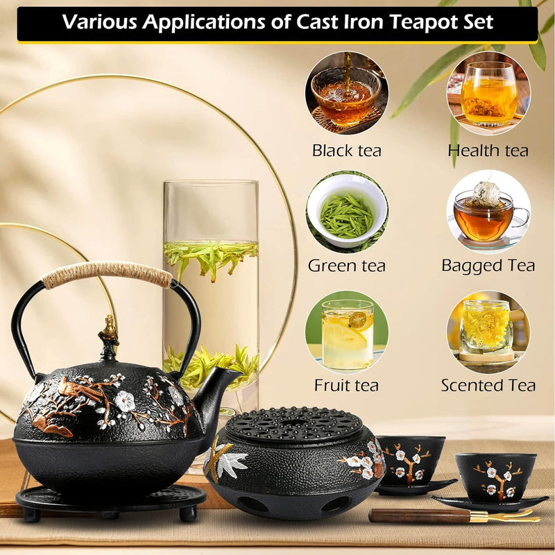 Dyna-Living Cast Iron Teapot with Warmer 720ml/24.5oz Japanese Teapot with Infuser Cast Iron Tea Pot Set with 2 Tea Cups Japanese Style Teapot for Stovetop Cast Iron Tea Kettle for Home Use