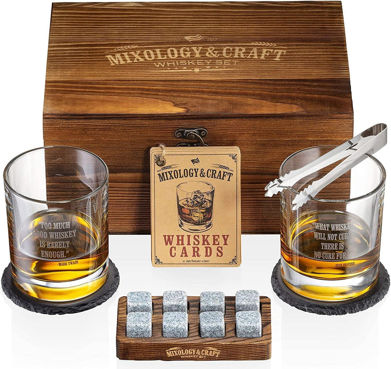 Mixology Whiskey Stones Gift Set for Men - Pack of 2, 10 oz Whiskey Glasses w/ 8 Granite Chilling Rocks, 2 Coasters, Metal Tong & Cocktail Cards in Wooden Box - Square