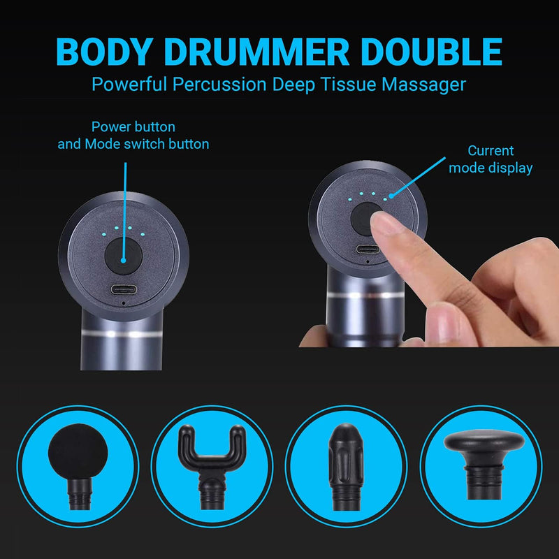 Double Head Percussion Massage Gun by Body Drummer Double - Whisper Quiet - Deep Tissue Pain Relief with 4 Massage Heads High RPM vibrational Relaxation - Rechargeable Battery