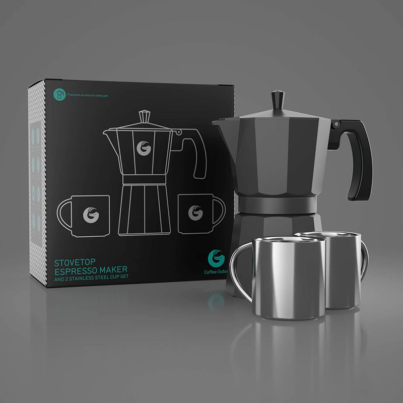 Coffee Gator Moka Pot - 6 Cup, Stovetop Espresso Maker - Classic Italian and Cuban Coffee Percolator w/ 2 Stainless-Steel Cups – Matte Grey Aluminum