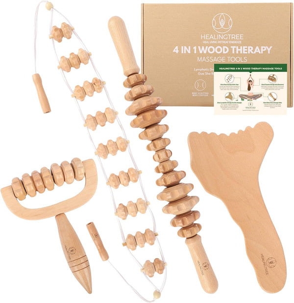 HEALINGTREE 4-in-1 Wood Therapy Massage Tools for Body Shaping, Lymphatic Drainage Cellulite Massager, Body Sculpting Gua Sha Tools, Maderoterapia Kit - Neck Back Muscle Pain Relief