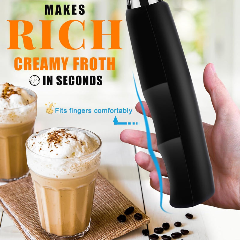 YUSWKO Milk Frother Handheld with 3 Heads, Electric Whisk Drink Foam Mixer with USB Rechargeable 3 Speeds, Mini Frother for Coffee Latte, Cappuccino, Hot Chocolate, Egg - Black