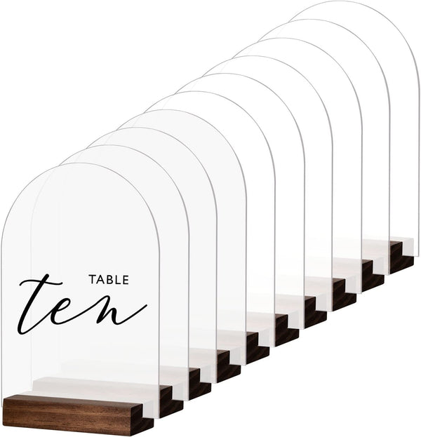 Frosted Arch Acrylic Table Sign with Wood Stand-10 Pack 5X7 Inch Blank Arched Acrylic Sheets with Wood Base, DIY Acrylic Sign Blank for Acrylic Table Numbers Menu Signs Bar List Sign