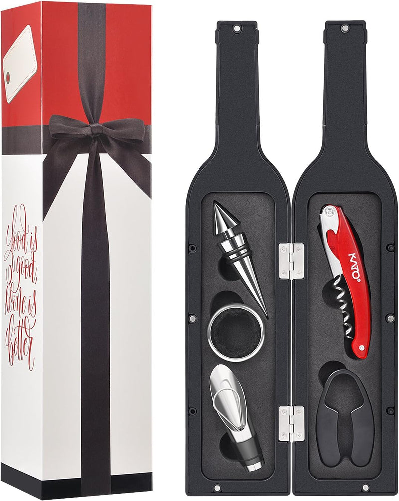 Kato Wine Accessories Gift Set - Wine Bottle Corkscrew Opener Kit, Drip Ring, Foil Cutter and Wine Pourer and Stopper in Novelty Bottle-Shaped Case Valentine's Gift, Black