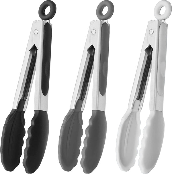 HINMAY Small Silicone Tongs 7-Inch Mini Serving Tongs, Set of 3 (Black Gray White)
