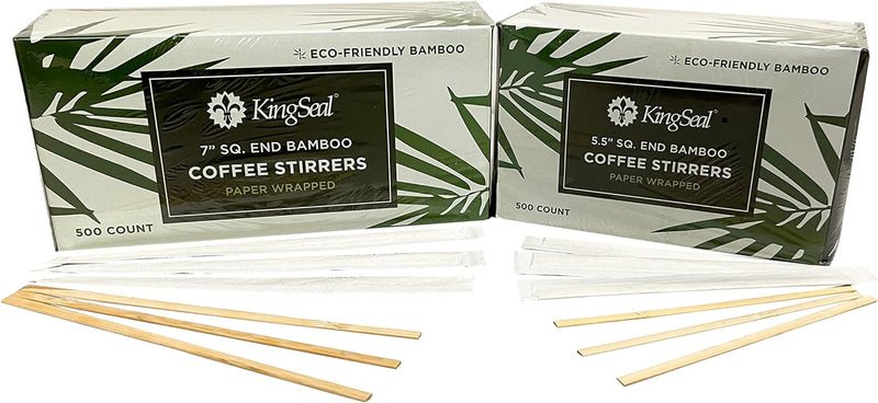 KingSeal Individually Paper Wrapped Bamboo Coffee Stir Sticks, 7 inches, Square End, 100% Renewable and Biodegradable - 1 Box of 500 Stirrers