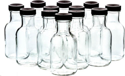 MHO Containers Set of 16oz Glass Bottles with Black Plastic Caps | Reusable Stout Flint Glass Bottles with Lids for Juicing, Kombucha, Liquids | Made in USA | 16 oz Glass Bottles (Total of 12)