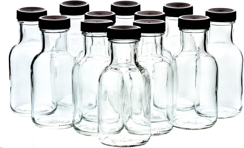 MHO Containers Set of 16oz Glass Bottles with Black Plastic Caps | Reusable Stout Flint Glass Bottles with Lids for Juicing, Kombucha, Liquids | Made in USA | 16 oz Glass Bottles (Total of 12)