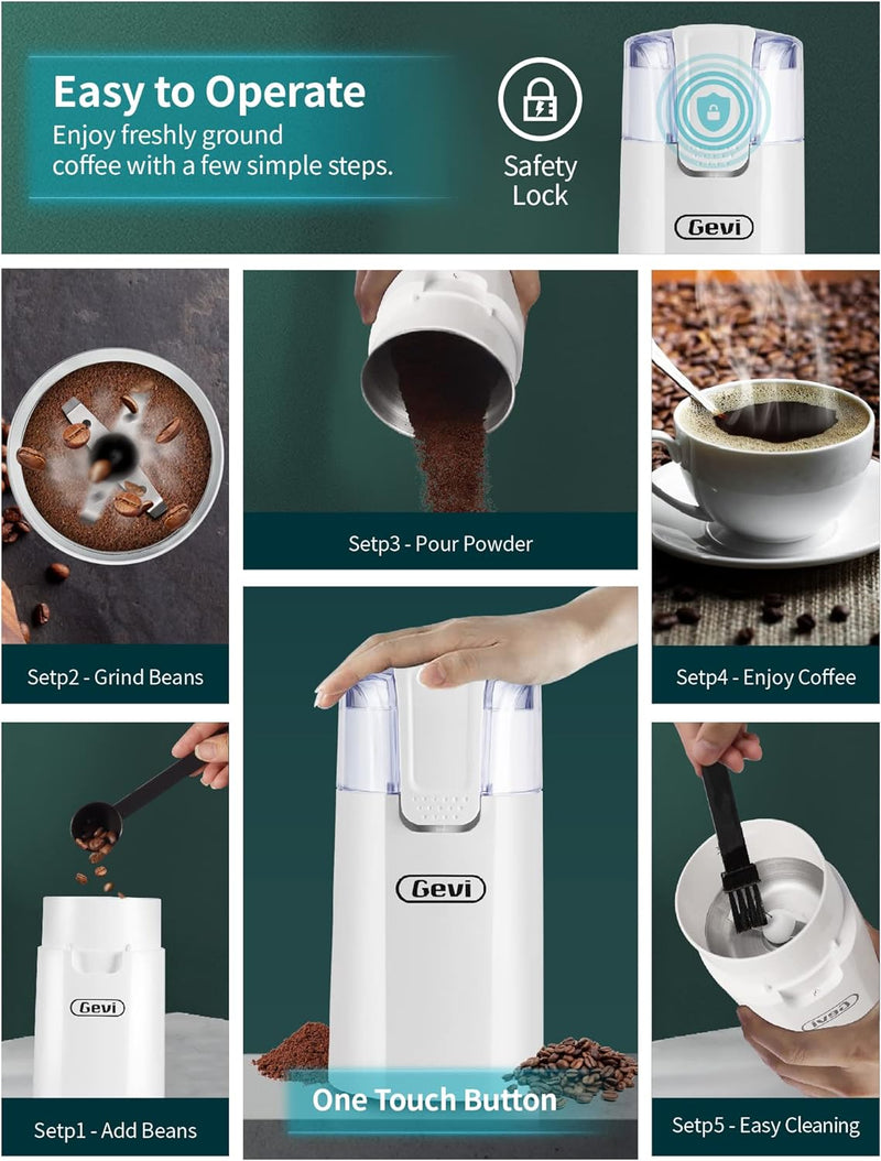 Gevi One-Touch Button Electric Coffee Grinder Coffee Bean Grinder for Coffee Espresso Latte Mochas, Noiseless Operation. GECGI140-U-1