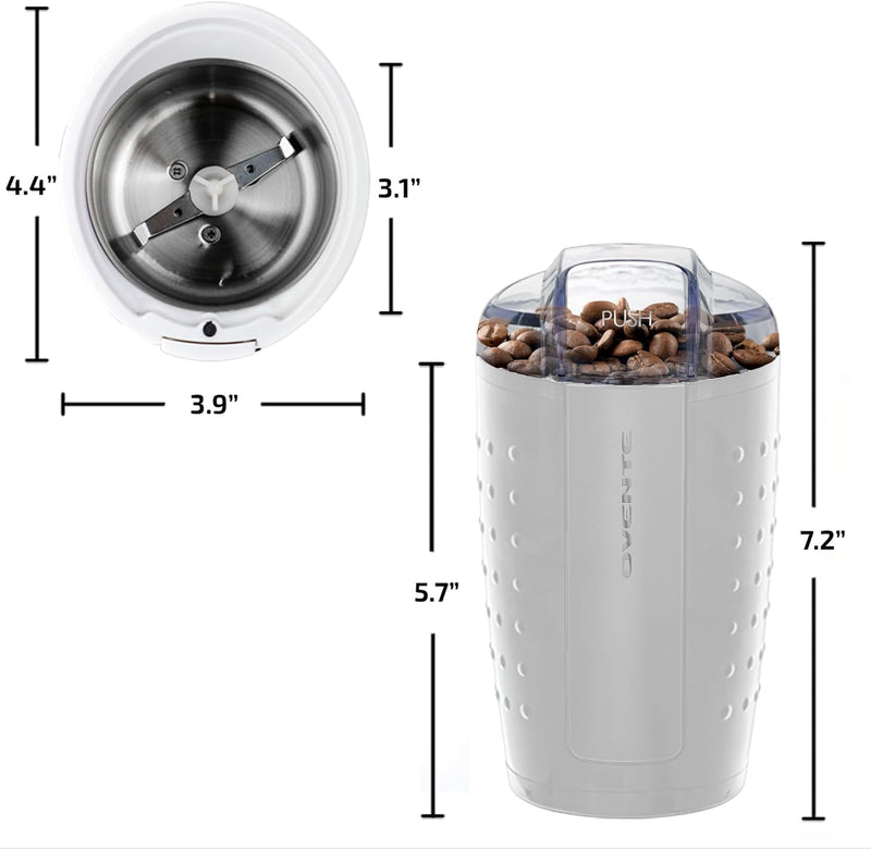 OVENTE Electric Coffee Grinder - Small Portable & Compact Grinding Mill with Stainless Blade for Bean Spices Herb and Tea, Perfect for Home & Kitchen - White CG225W