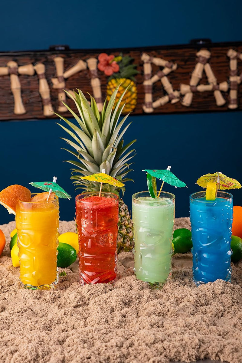 Clear Tiki Glasses, Set of 4 - 450 ML - Perfect for Exotic Cocktails, Lemonade, Ice Tea, Mixed Drinks- Exotic Zombie, Rum, Mai Tai, Pina Colada, Punch, Hurricane, Bar Drinkware