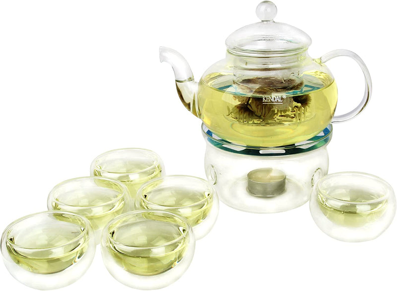 27 oz Glass Teapot Set Stovetop Safe Tea Infuser Maker with a Candle Warmer and 6 Double Wall Teacups，Blooming & Loose Leaf Tea Pot CJ-800ml