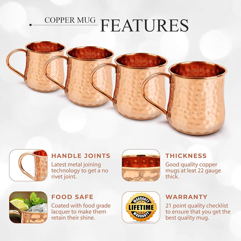 Moscow Mule Cups Set of 4. Copper Mugs Made from Pure Hammered Copper. Mule Mug Kit with Copper Shot Glass and Straws - 16oz